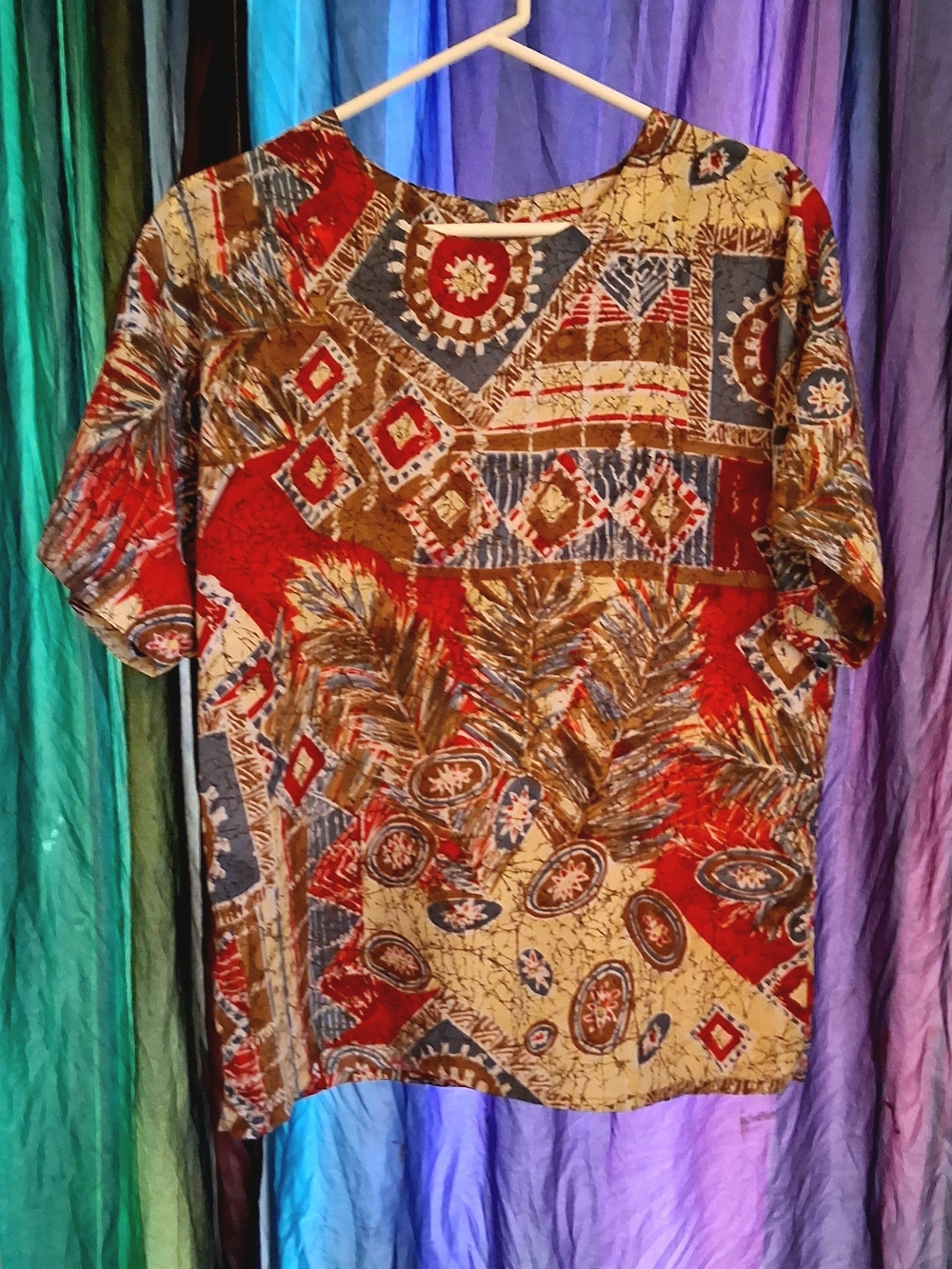 NICOLA Red & Tan Short Sleeve Patchwork Print Top